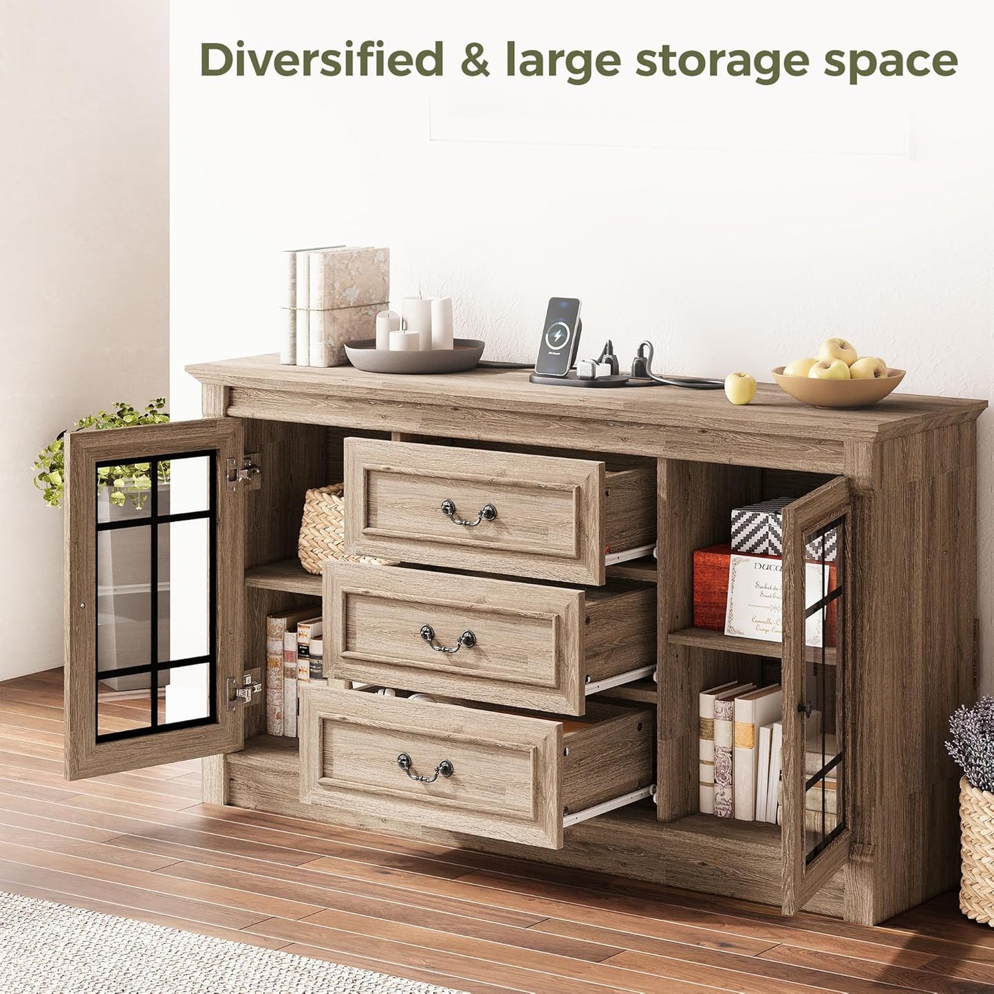 Farmhouse TV Stand for 65 Inch TV with Outlets, 59" Entertainment Center with 3 Drawers and 2 Storage Cabinet, Glass Doors and Adjustable Shelf, Console Tables for Living Room, Light Rustic Oak