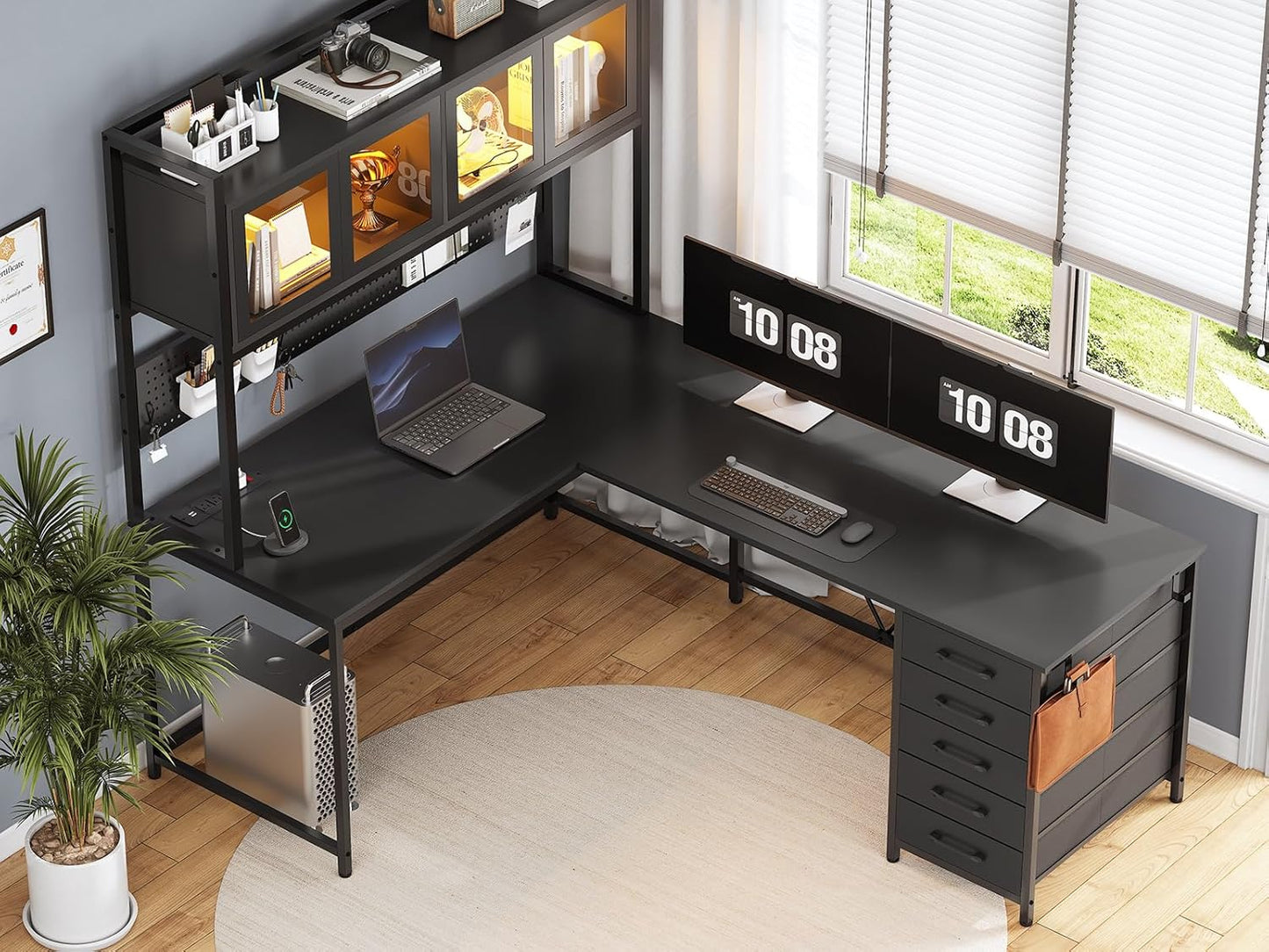L Shaped Gaming Desk with Drawers, L Shaped Computer Desk with Hutch and Storage Shelves, Gaming Desk with Pegboard, Led Lights, and Power Outlet, Home Office Desk, Corner Desk, Black