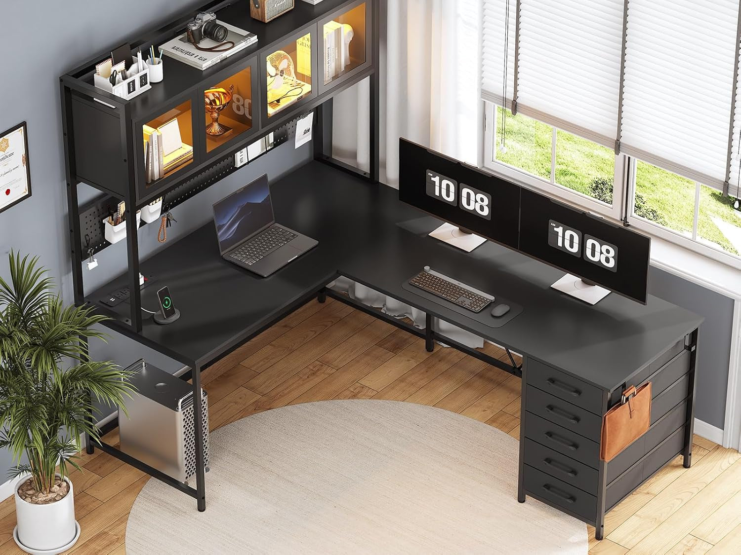 L Shaped Gaming Desk with Drawers, L Shaped Computer Desk with Hutch and Storage Shelves, Gaming Desk with Pegboard, Led Lights, and Power Outlet, Home Office Desk, Corner Desk, Black