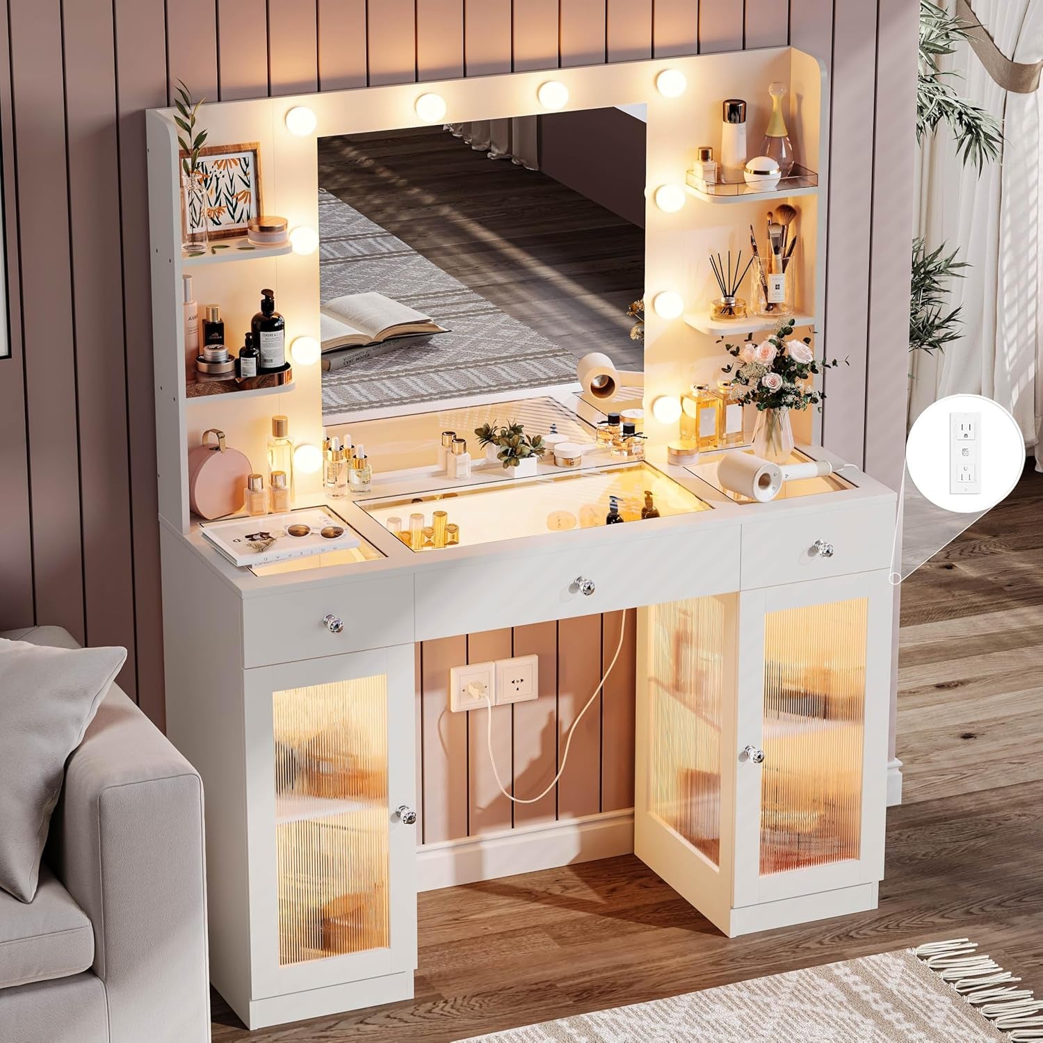 Makeup Vanity with Glass Top, White Vanity Desk with Mirror and Lights, Big Vanity with Drawers & Cabinets for Bedroom, Cute Vanity with Crystal Knobs & Power Outlet for Women