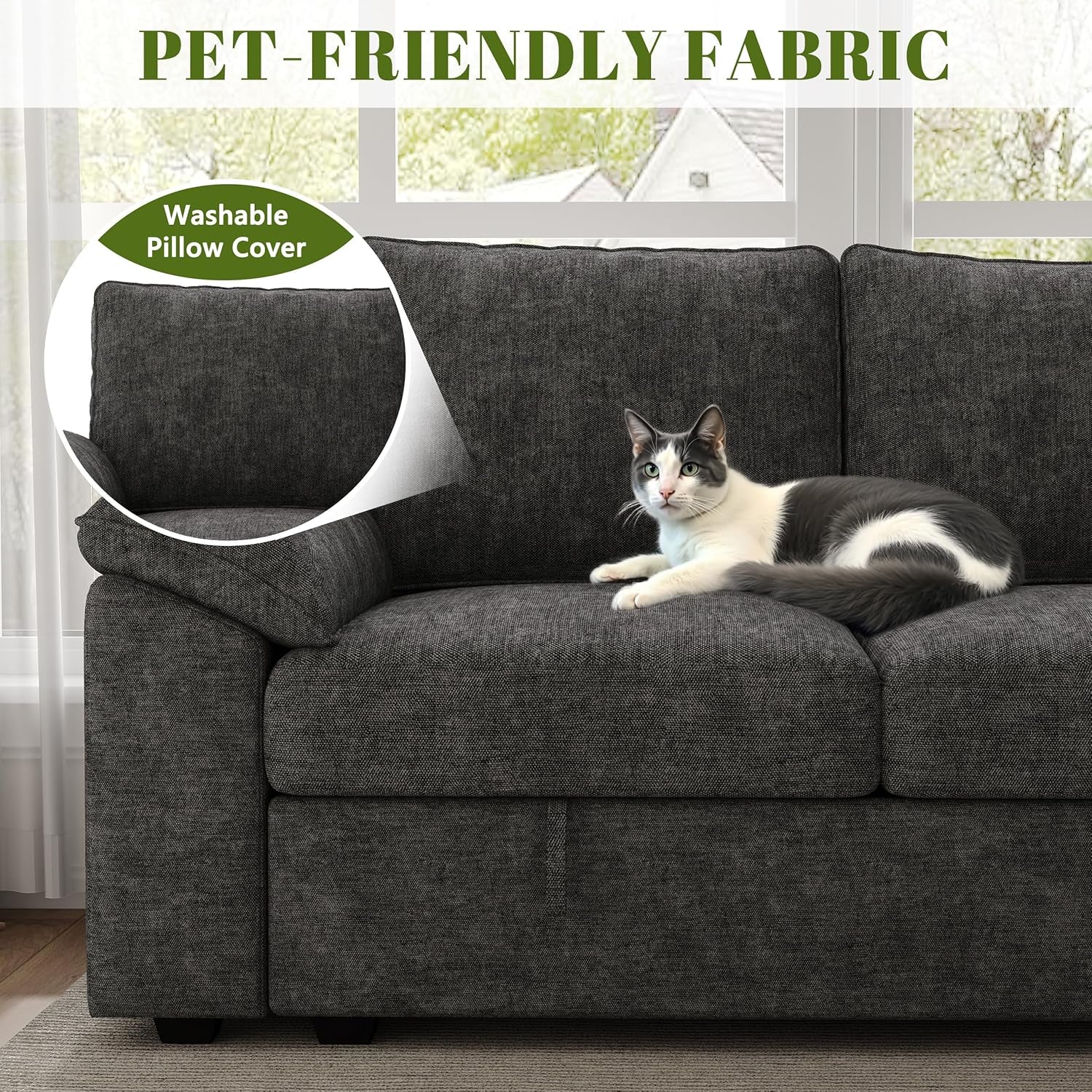 108 Inch Sectional Sleeper Sofa with Pull Out Bed,U Shaped 7 Seat Modular Sectional Sofa with Storage,Sectional Couches for Living Room,Cloud Modular Couch,Removable Sofa Cover,Dark Grey