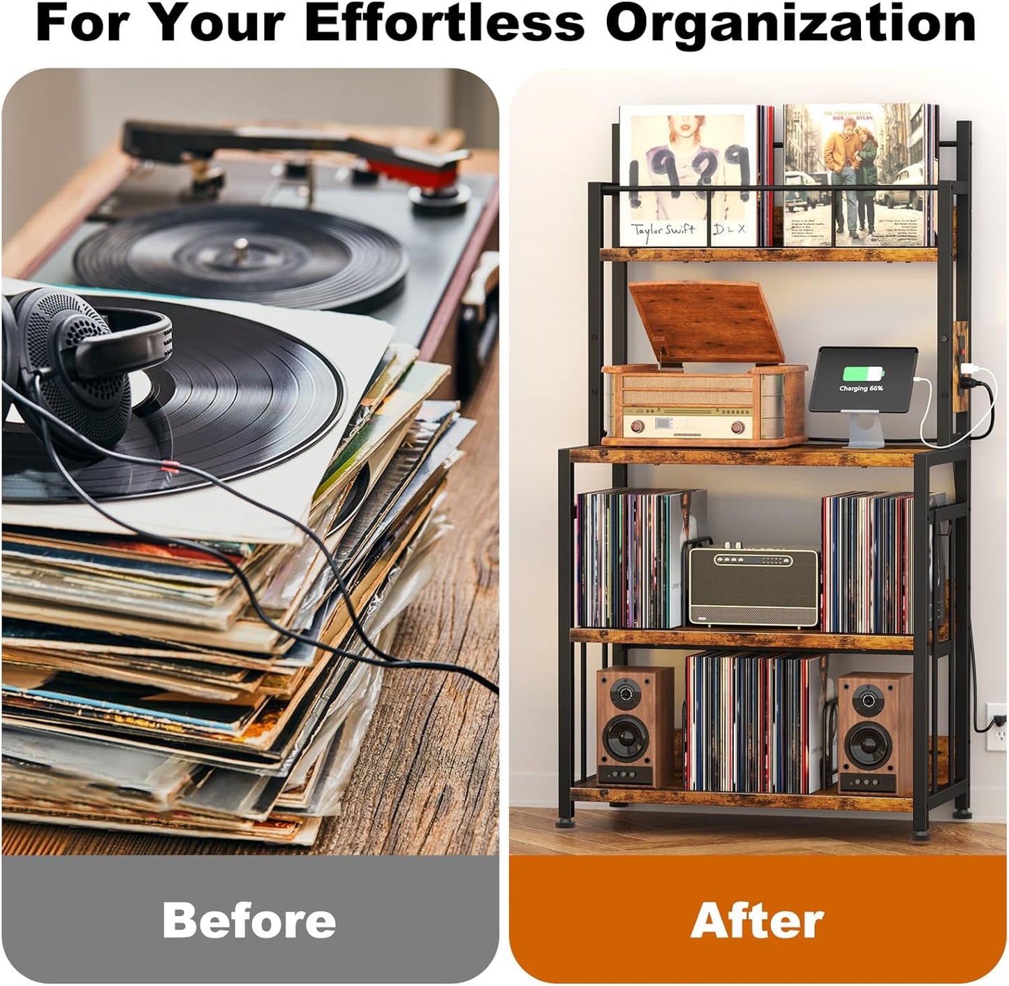 Record Player Stand with Vinyl Storage, Turntable Stand Holds up to 300 Albums, Large Record Player Table with Charge Station, Vinyl Record Stand for Living Room