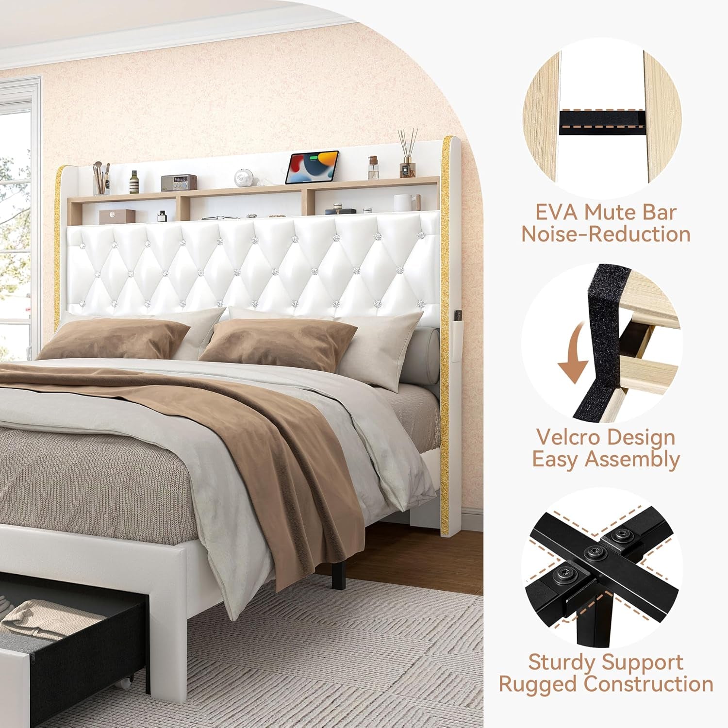 Queen LED Bed Frame with 2 Drawers, 53" Tall Platform Beds with Galaxy Star Projector Charging Station, PU Upholstered Diamond Tufted Aurora Bedframe with Storage Headboard, White