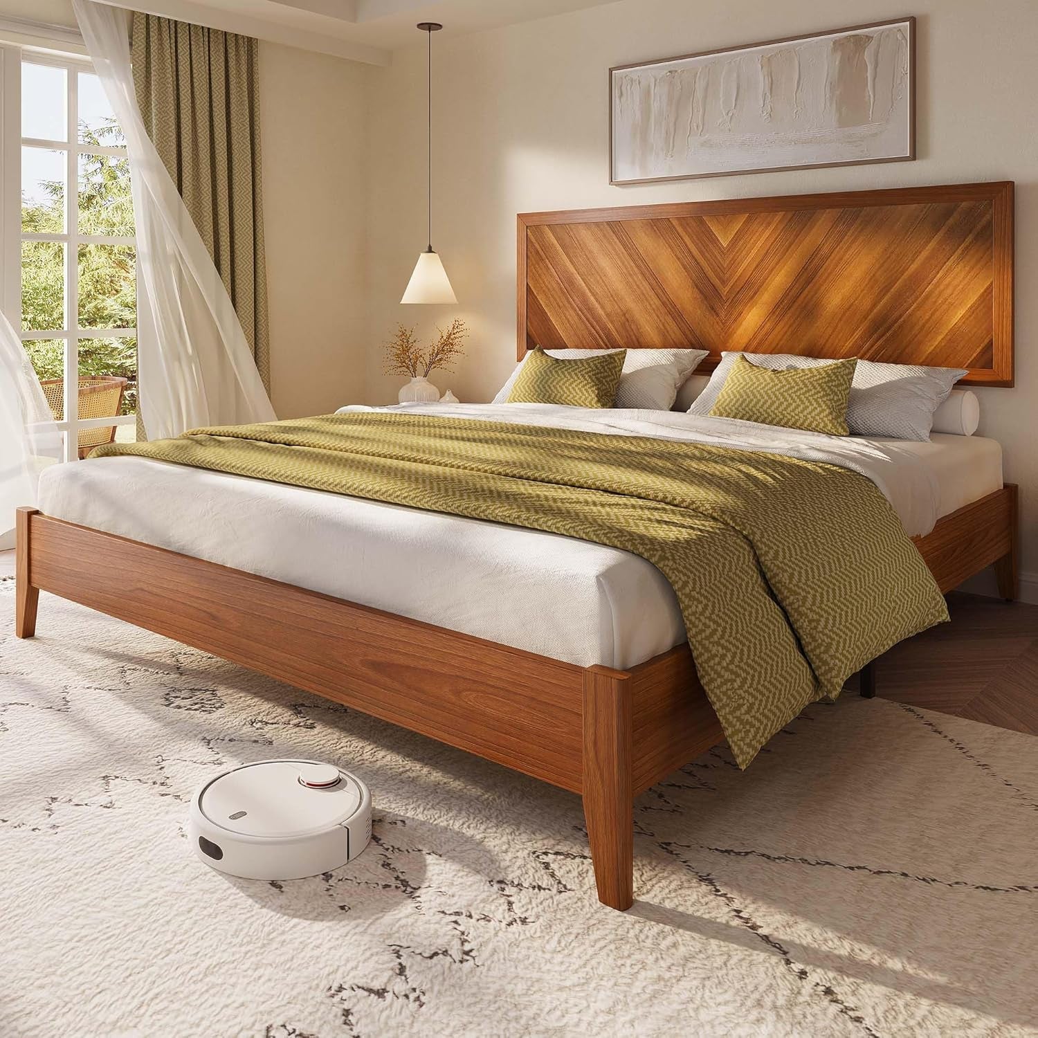 Wood King Size Bed Frame with Adjustable Headboard, Farmhouse Bed Frame with Solid Wood Slats Support, No Box Spring Needed, 12 Strong Wood Slat Support, Easy Assembly, Rustic Brown