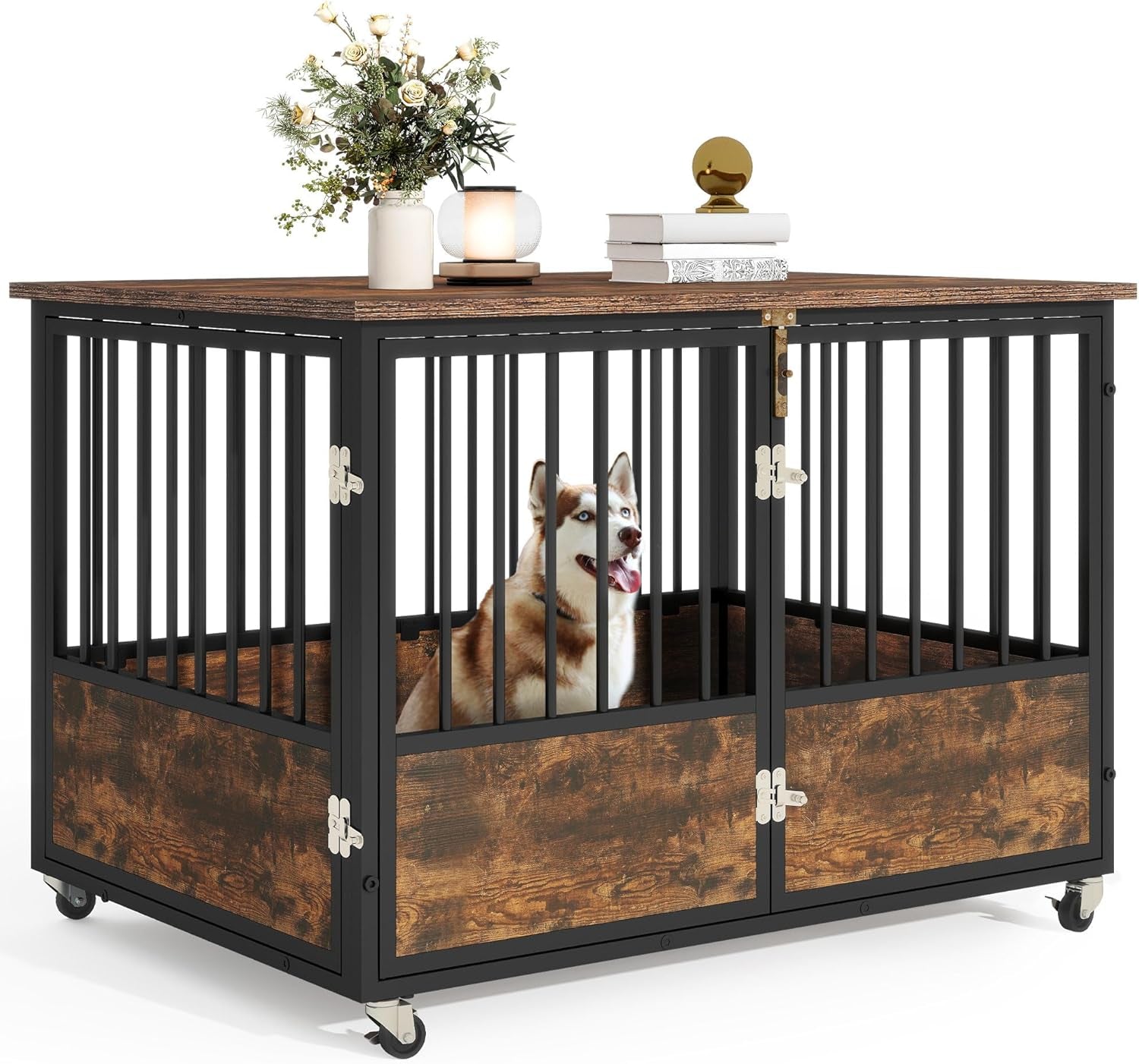 Dog Crate Furniture with Wheels, 43 Inch Dog Kennel Indoor Furniture End Table Dog Crate for Dogs, Farmhouse Decorative Wooden Dog Cage Table with Double-Doors, Chew-Resistant, Rustic Brown