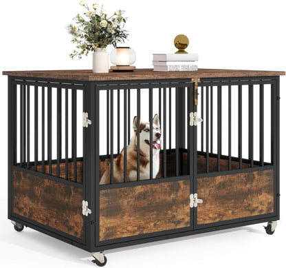Dog Crate Furniture with Wheels, 43 Inch Dog Kennel Indoor Furniture End Table Dog Crate for Dogs, Farmhouse Decorative Wooden Dog Cage Table with Double-Doors, Chew-Resistant, Rustic Brown
