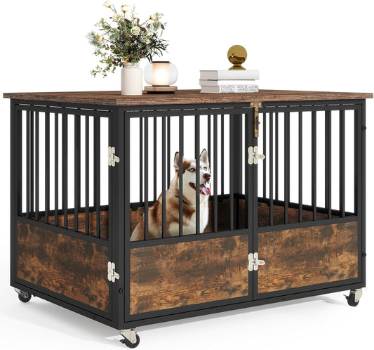 Dog Crate Furniture with Wheels, 43 Inch Dog Kennel Indoor Furniture End Table Dog Crate for Dogs, Farmhouse Decorative Wooden Dog Cage Table with Double-Doors, Chew-Resistant, Rustic Brown