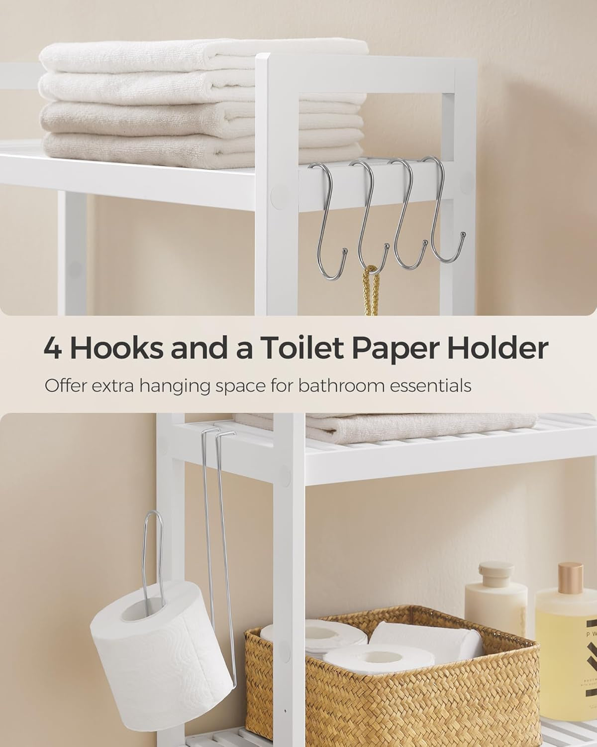 over the Toilet Storage, 3-Tier over Toilet Bathroom Organizer with Adjustable Shelf, 10.2 X 24.8 X 66.9 Inches, Space-Saving, Cloud White UBTS01WT