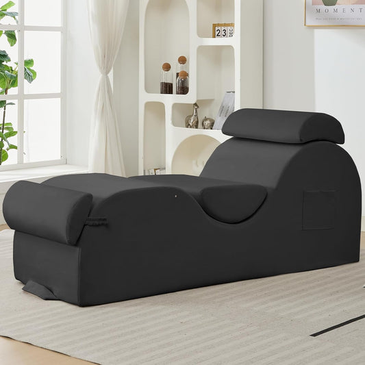 Sleek Chaise Lounge Chair for Exercise, Indoor Lounger with Headrest, Waist Cushion, Movable Footrest, Side Pockets, Non-Slip Bottom, High Density Sponge, Dark Grey