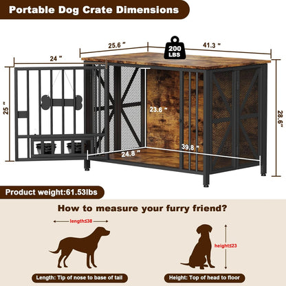 Foldable Large Dog Crate Furniture, 41.3" Assembly-Free Dog Crates for Large Dogs, Wooden Dog Kennel Indoor with Tag & Dog Bowls, Dog Cage Use as TV Stand, Rustic Brown