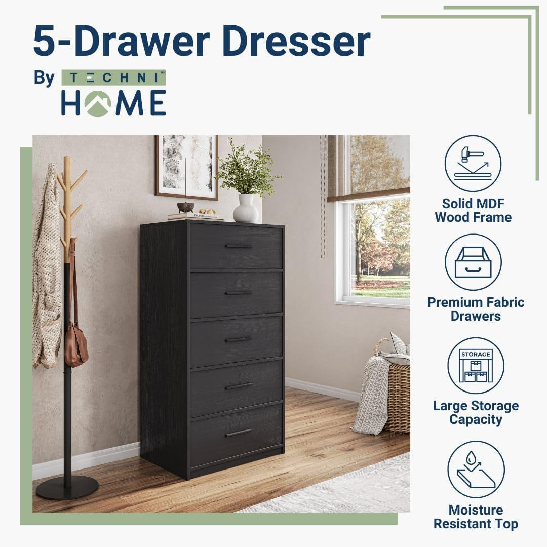 5-Drawer Dresser with Extra Large Fabric Drawers, Wood Frame Dresser with 5 Drawers for Bedroom or Living Room Storage, Hallway, Fabric Bins for Closet or Hallway Storage Organizer, Toy Chest, Black