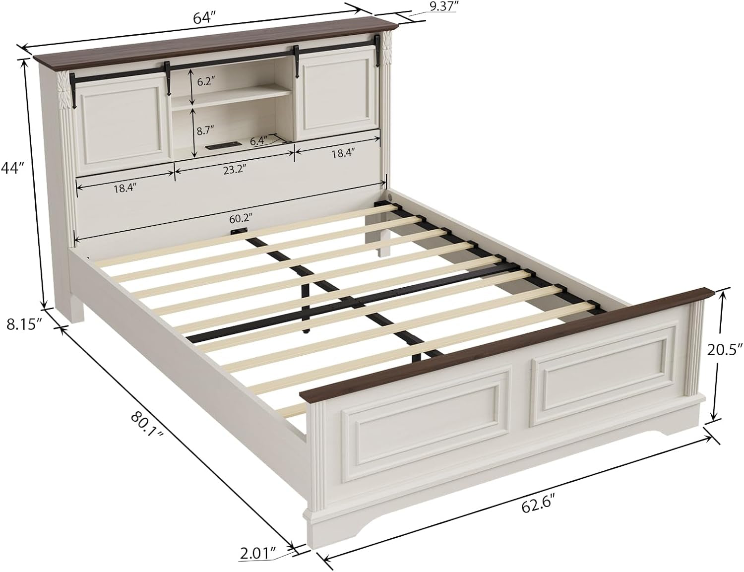 Antique White Queen Size Bed Frame with Storage Headboard, Charging Station, Bracket Footboard, Farmhouse Bed Frame with Bookcase and Sliding Barn Doors, Noiseless,No Box Spring Needed