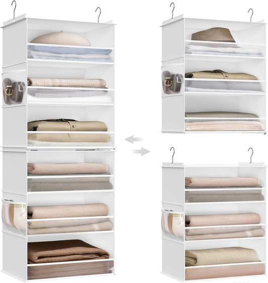Hanging Closet Organizer, 6-Tier Fabric Storage Shelf, Separable Closet Hanging Shelf with Side Pockets, Foldable, Metal Hooks and Bamboo Inserts, Cloud White URCH007W01