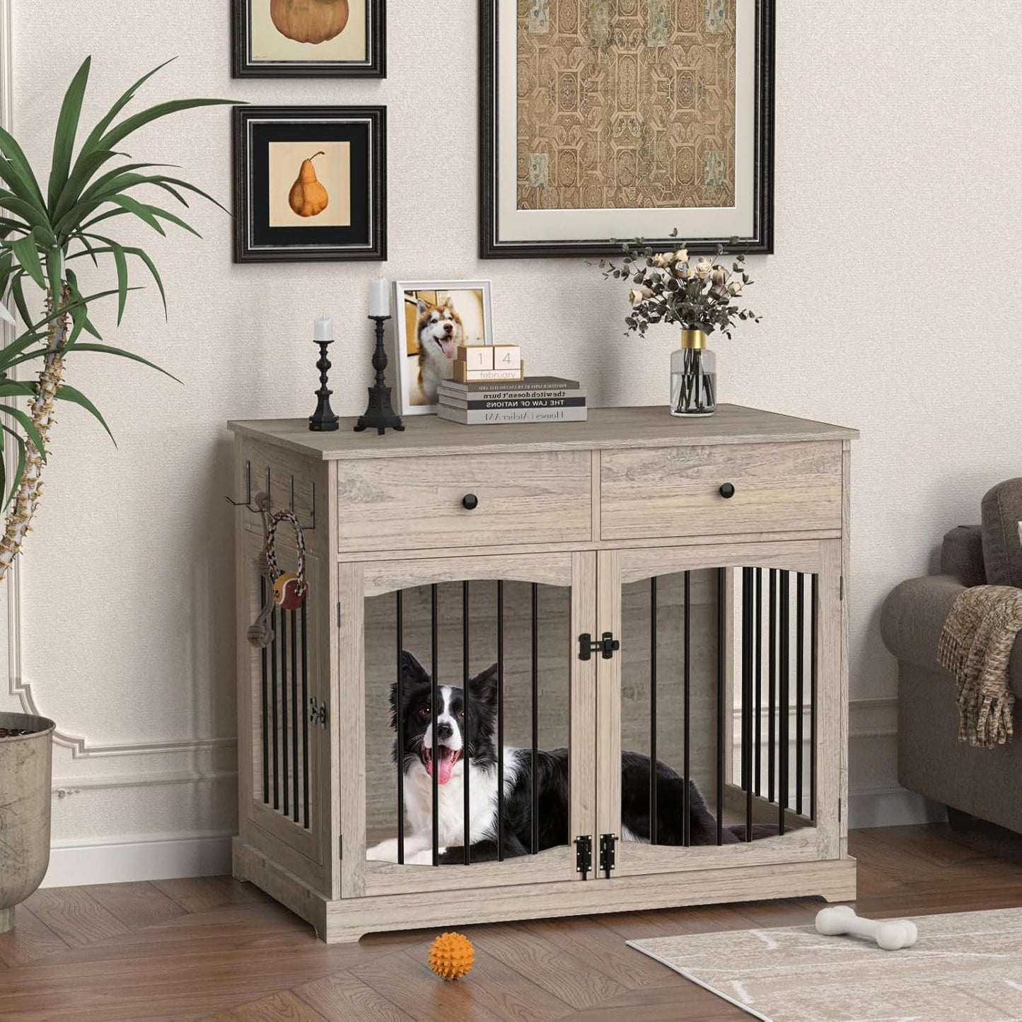 40 Inch Dog Crate Furniture-Farmhouse Dog Kennel with Drawers-End Table Wooden Pet Crate, Double Door Design, Decorative Dog House Indoor for Small Medium Large Dog, Oak Grey