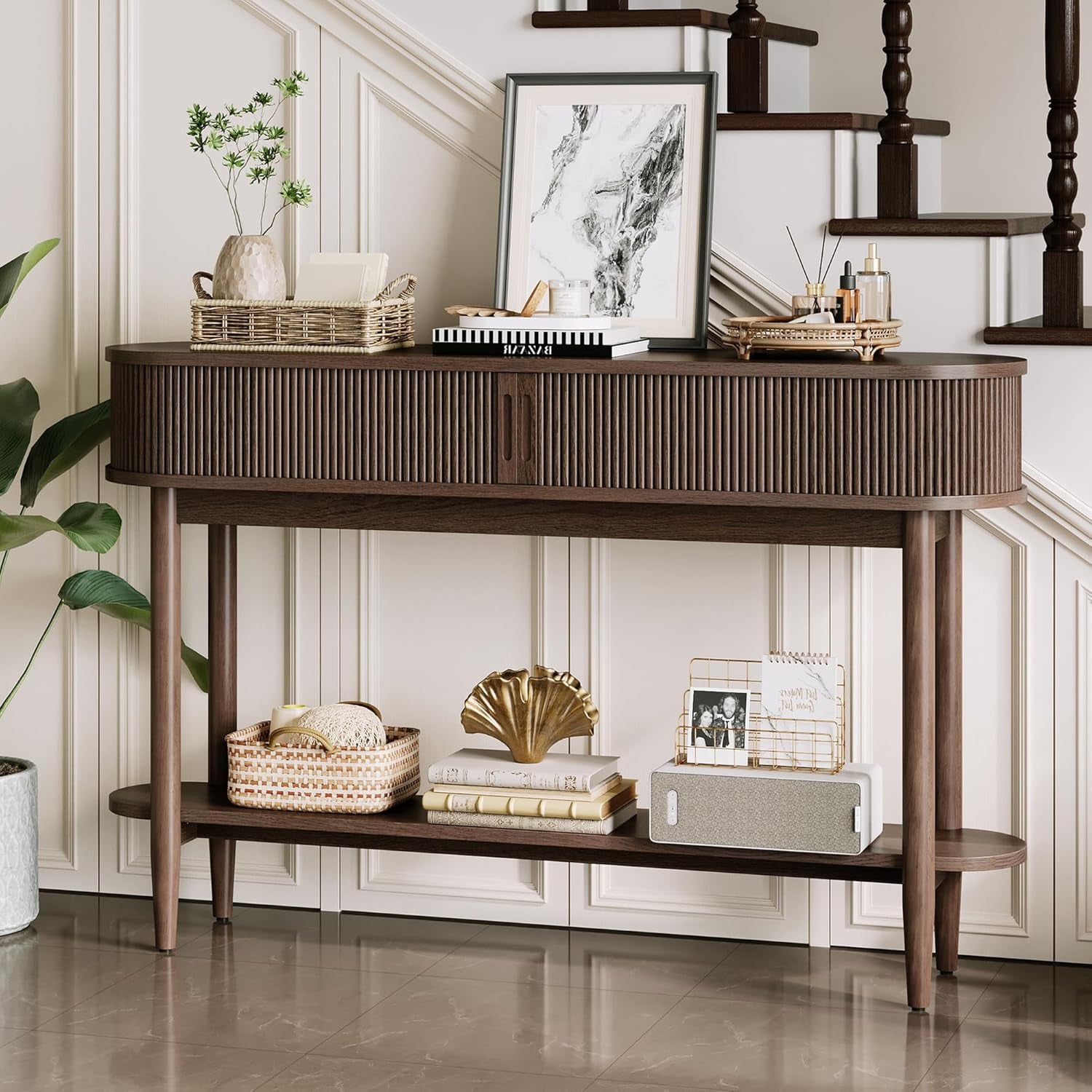 Fluted Console Table with Storage, Entryway Table Wood Entrance Tables for Front Door, behind Couch Sofa Table with Shelves, Foyer Tables for Hallways, Living Room Vintage Furniture, Walnut