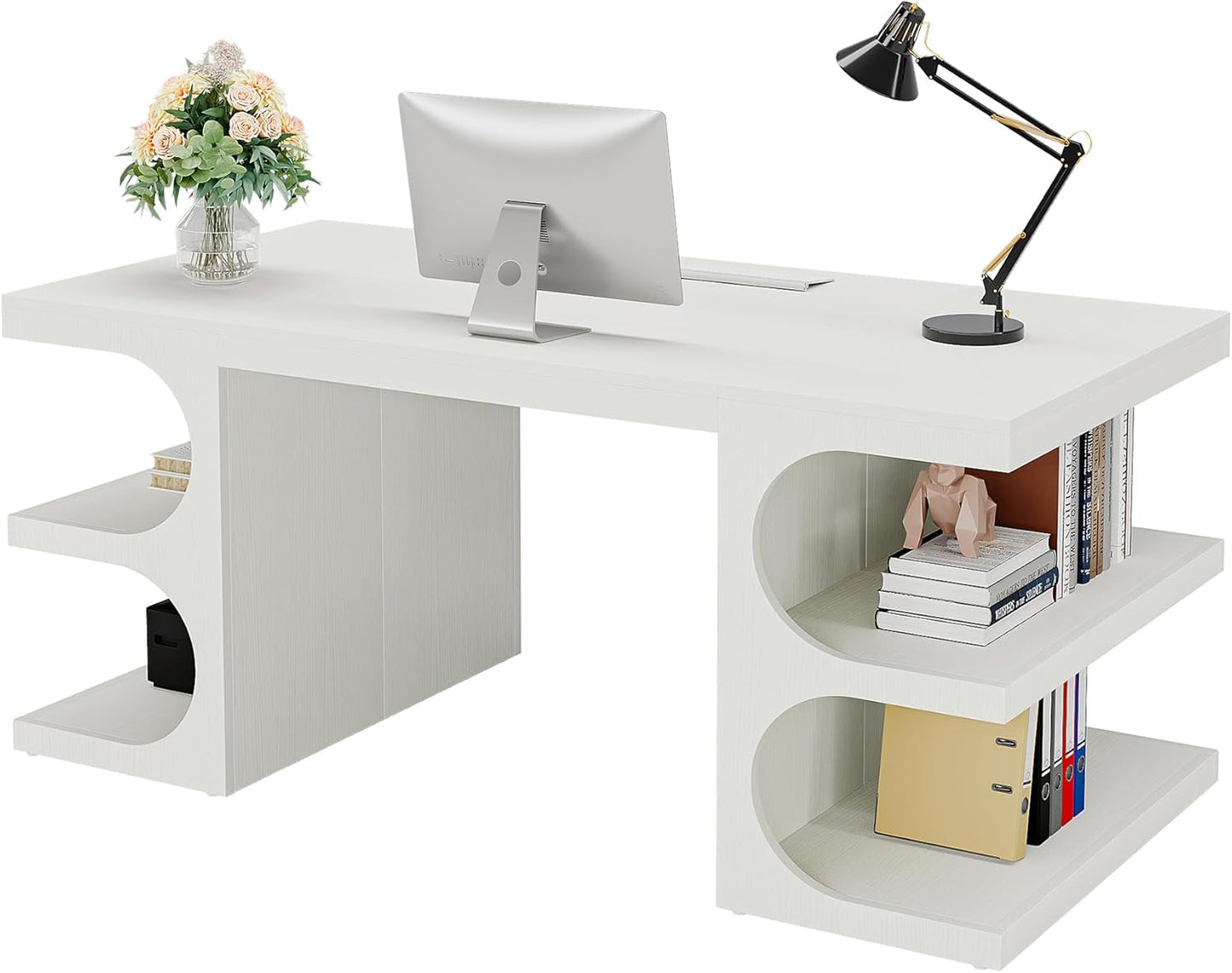 Modern Executive Office Desk, 63-Inch Large Computer Home Office Desk with Storage Shelves, Wood Study Writing Table, Workstation Business Furniture, White