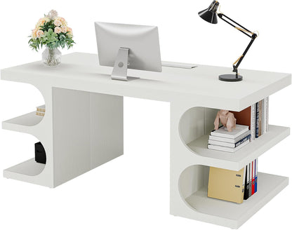 Modern Executive Office Desk, 63-Inch Large Computer Home Office Desk with Storage Shelves, Wood Study Writing Table, Workstation Business Furniture, White