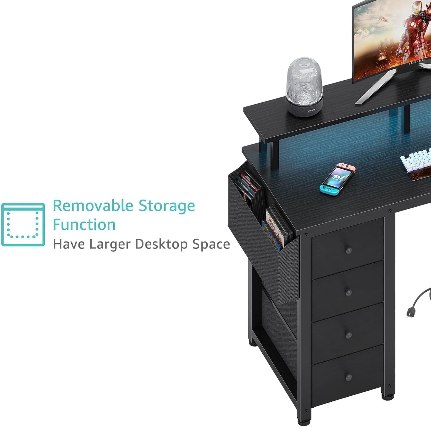 Black L Shaped Desk with Led Lights and Power Outlets, 47 Inch Writing Study Computer Gaming Desks with Fabric Drawers for Bedroom, Home Office Corner Desk with Monitor Stand Shelves, Black