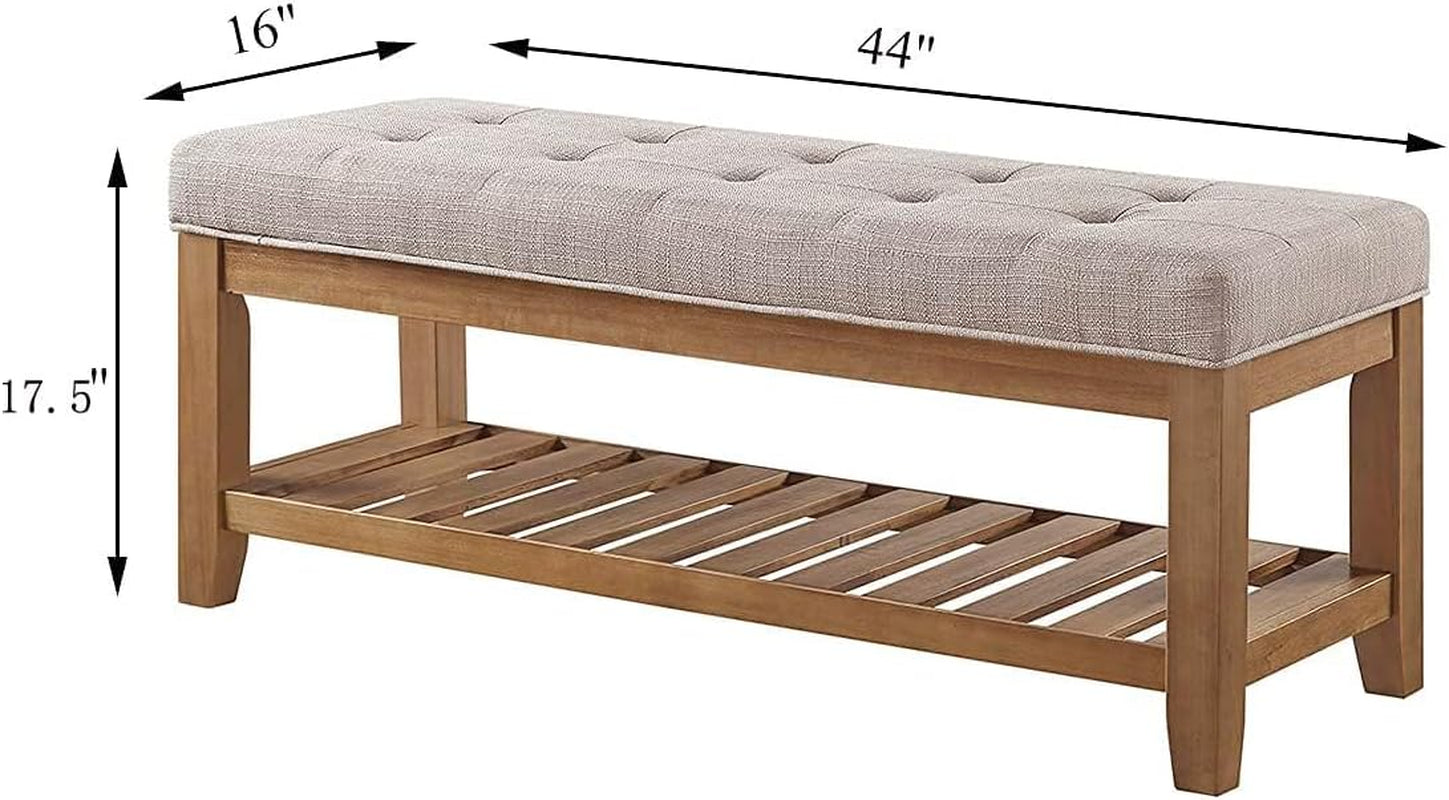 Large Rectangular Upholstered Tufted Linen Fabric Ottoman Bench, Padded Bench with Solid Wood Shelf-Linen
