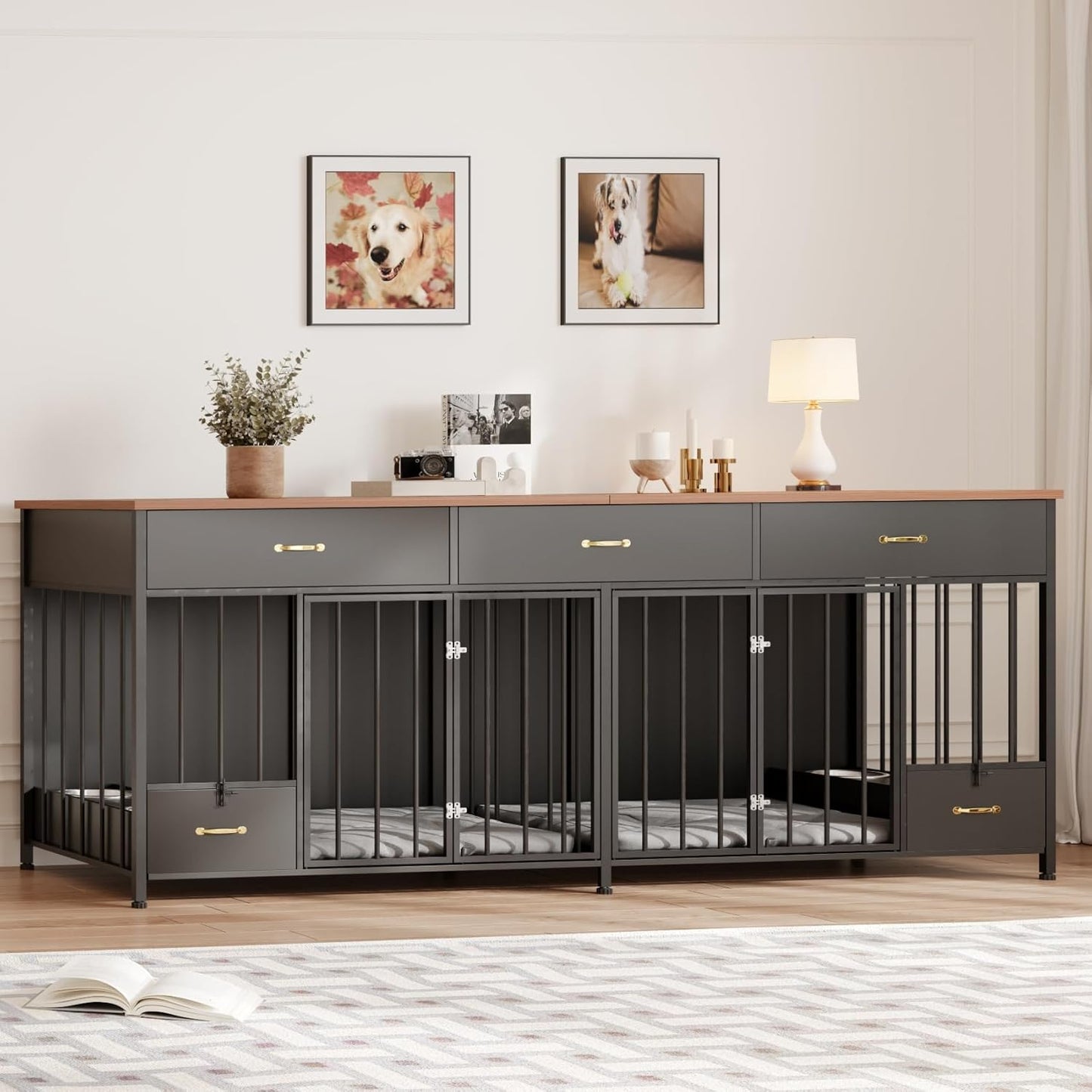 Large Dog Crate Furniture with Feeder, 91.5" Wooden Dog Kennel Furniture with 3 Drawer and Dog Bowls, Double Dog Crate TV Stand Table for Small Medium Large Dogs, Black