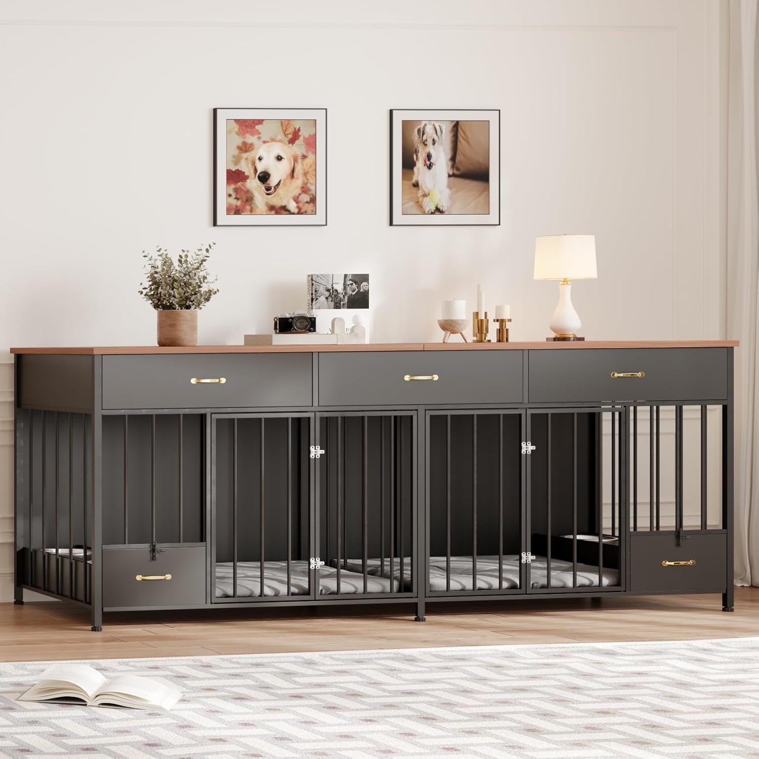 Large Dog Crate Furniture with Feeder, 91.5" Wooden Dog Kennel Furniture with 3 Drawer and Dog Bowls, Double Dog Crate TV Stand Table for Small Medium Large Dogs, Black