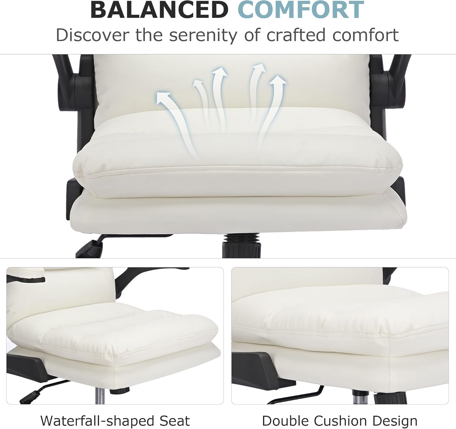 Ergonomic Swivel Office Desk Chair with Flip-Up Armrest and Adjustable Height, Lumbar Support & PU Leather Thickened Cushion, for Computer Task Work, White