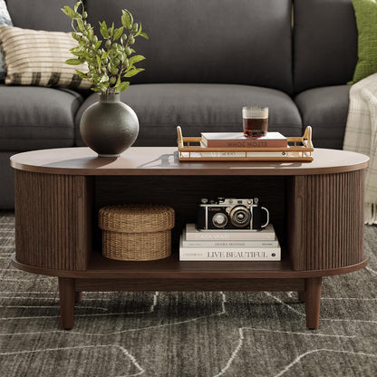 Oval Coffee Table, Wood Coffee Table with Storage, Fluted Accent Center Table with Sliding Tambour Door, 39" Mid Century Modern Coffee Tables for Living Room, Bedroom, Apartment, Walnut