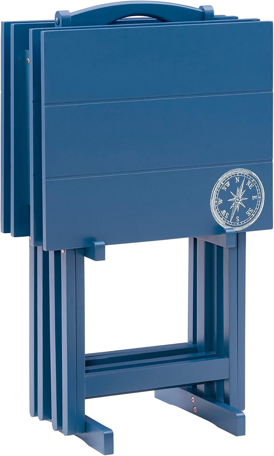 SAMM Navy Trey Table Set with Compass Accent Includes Four Trey Tables and Stand