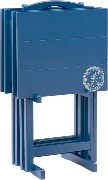 SAMM Navy Trey Table Set with Compass Accent Includes Four Trey Tables and Stand