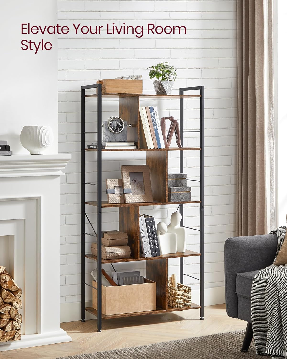 Bookshelf, 5-Tier Bookcase, Storage Shelving Unit, Display Shelf with Open Compartments for Living Room, Home Office, Bedroom, Industrial, Rustic Brown and Black ULBC121B01