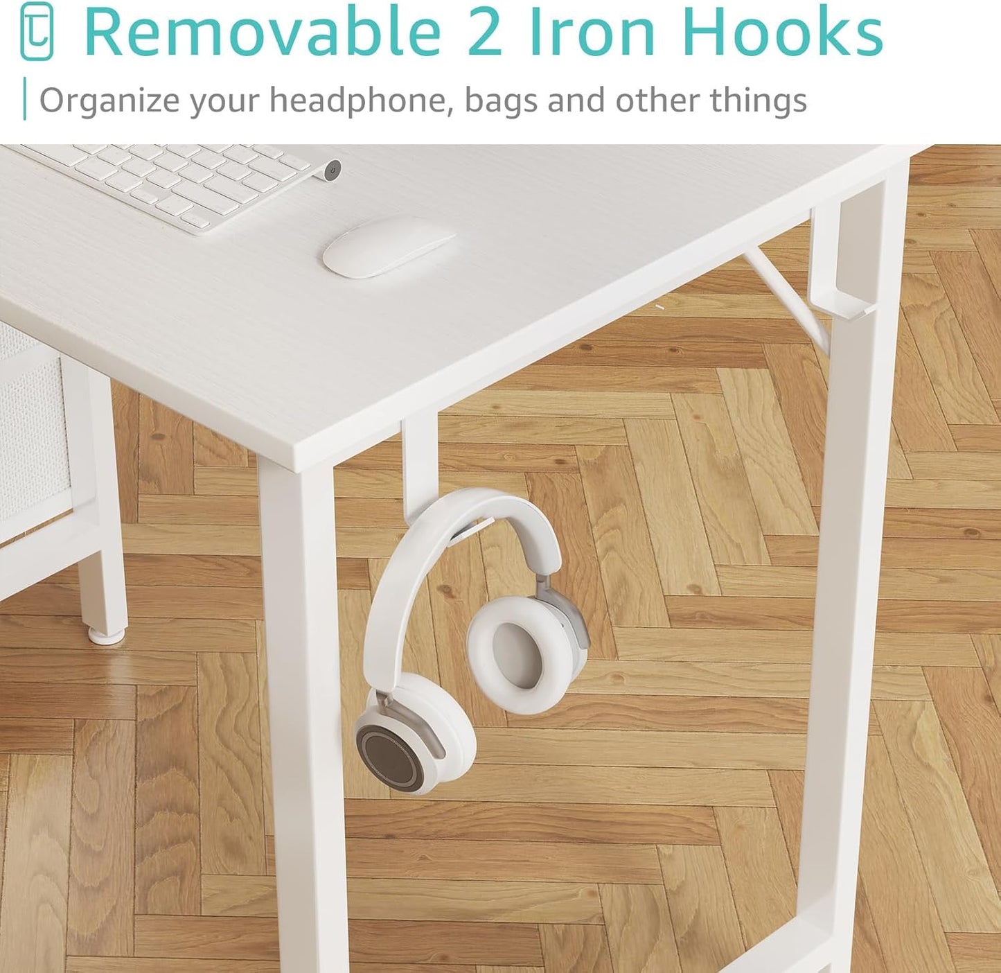 Small White Desk with Drawers for Bedroom, 40 Inch Kids Girls Study Desks, Reversible Computer Writing Nail Table with Fabric Drawer for Small Spaces Home Office Manicure