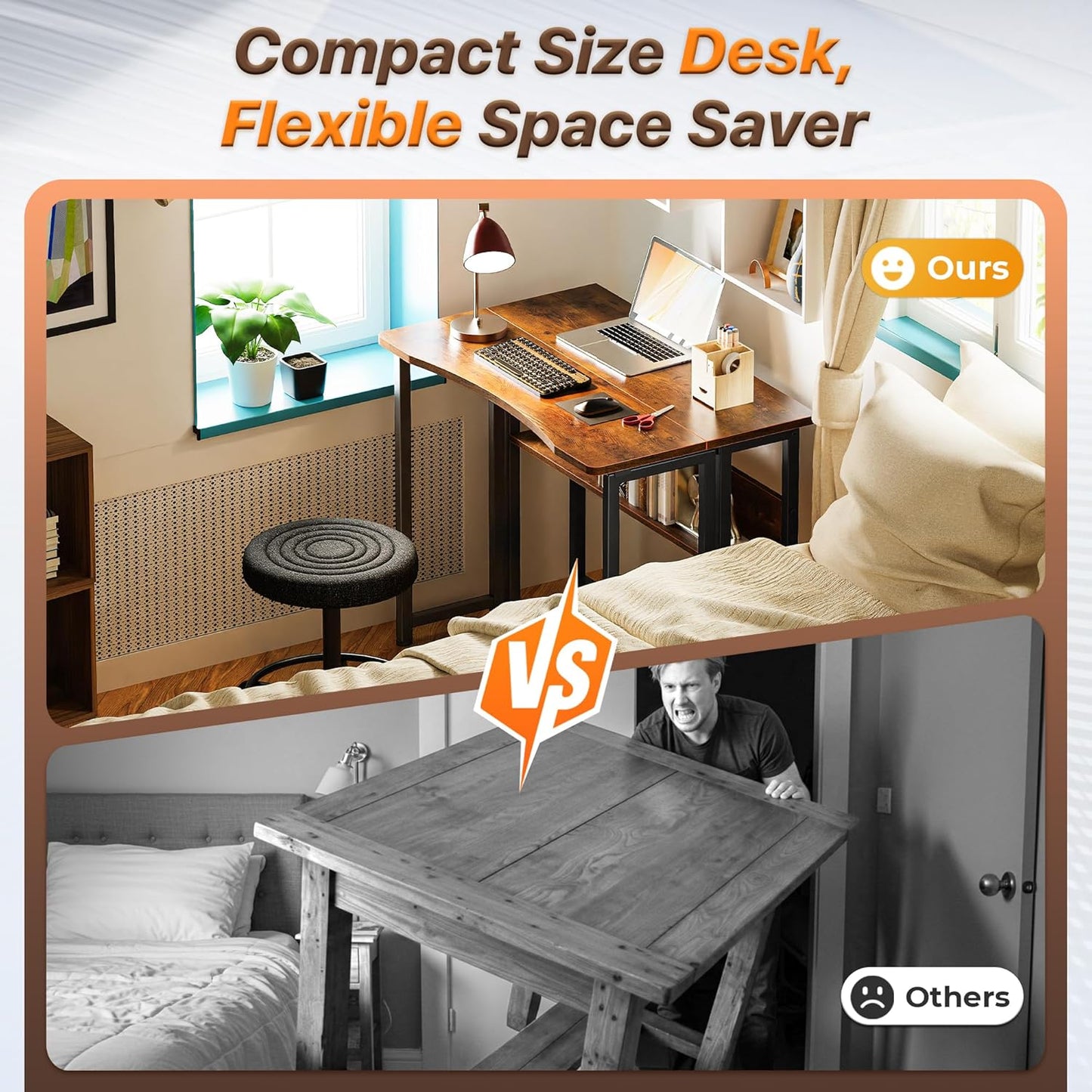 Folding Desk with Storage Shelf, 31.5 Inch Foldable Computer Table for Small Spaces, Space Saving Sofa Table for Couch, Writing Work Office Computer Desk, Easy to Fold, Rustic Brown