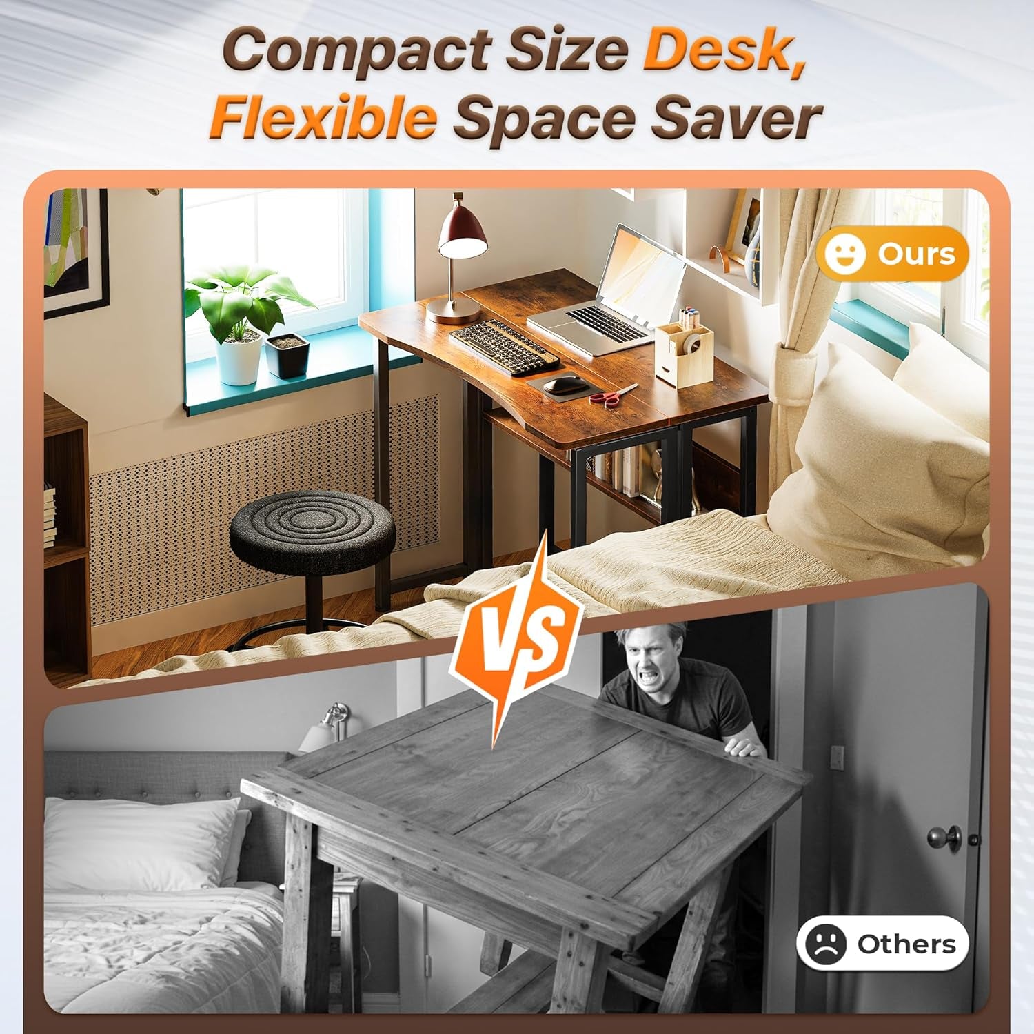 Folding Desk with Storage Shelf, 31.5 Inch Foldable Computer Table for Small Spaces, Space Saving Sofa Table for Couch, Writing Work Office Computer Desk, Easy to Fold, Rustic Brown