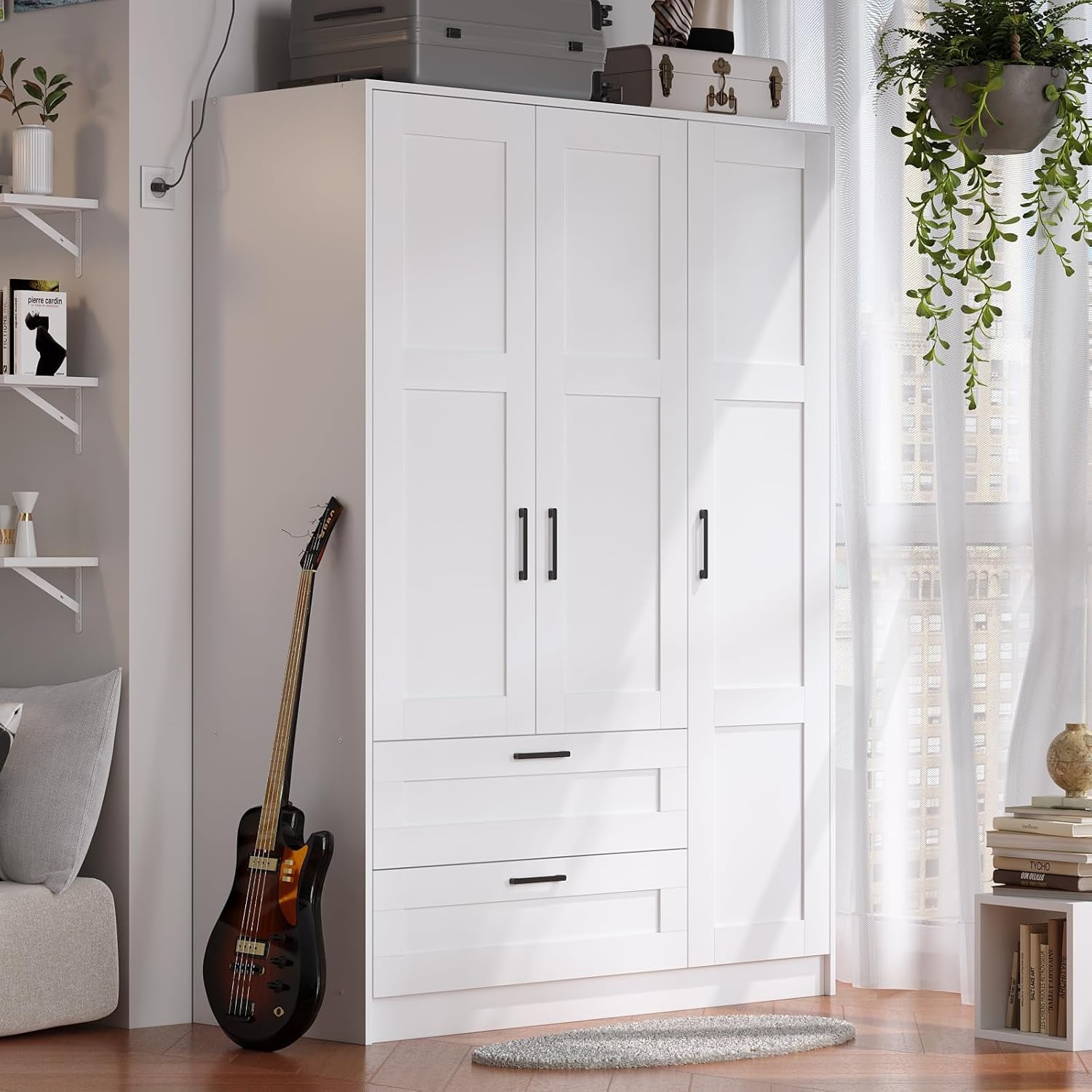 3 Doors Wooden Wardrobe Closet Armoire, White Storage Cabinet for Hanging Clothes, Bedroom Large Capacity Freestanding Armoire,Wood Wardrobe Combination with Shelves (2Drawer, White)