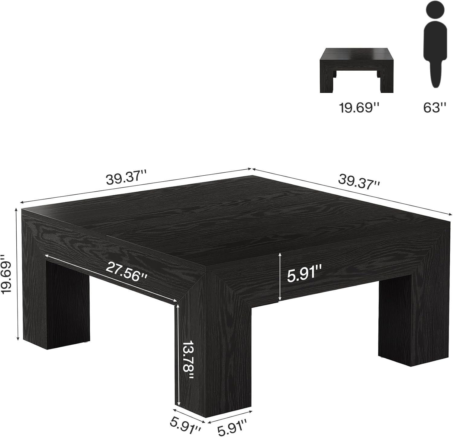39.4-Inch Square Coffee Table for Living Room, Farmhouse All MDF Accent Center Cocktail Table with Sturdy Wooden Legs, Easy Assembly, Black