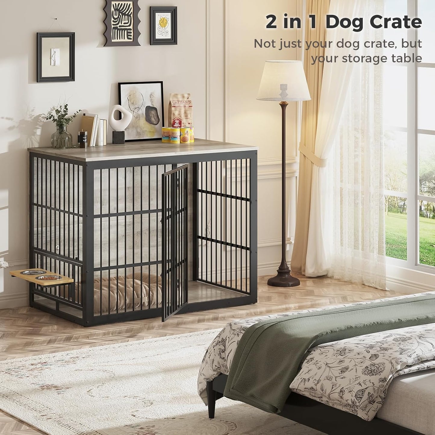 48'' XXL Dog Crate Furniture with Rotating Feeder, Large Wooden Crate End Table, Heavy Duty Indoor Kennel Cage for Medium to Large Dogs, Grey
