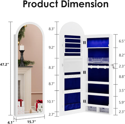 Tall Wall Mount Jewelry Armoire with Full-Length Mirror & 6 Leds - 47 in Lockable Arched Cabinet, 2 Drawers, Perfect for Christmas Gifts, Pure White