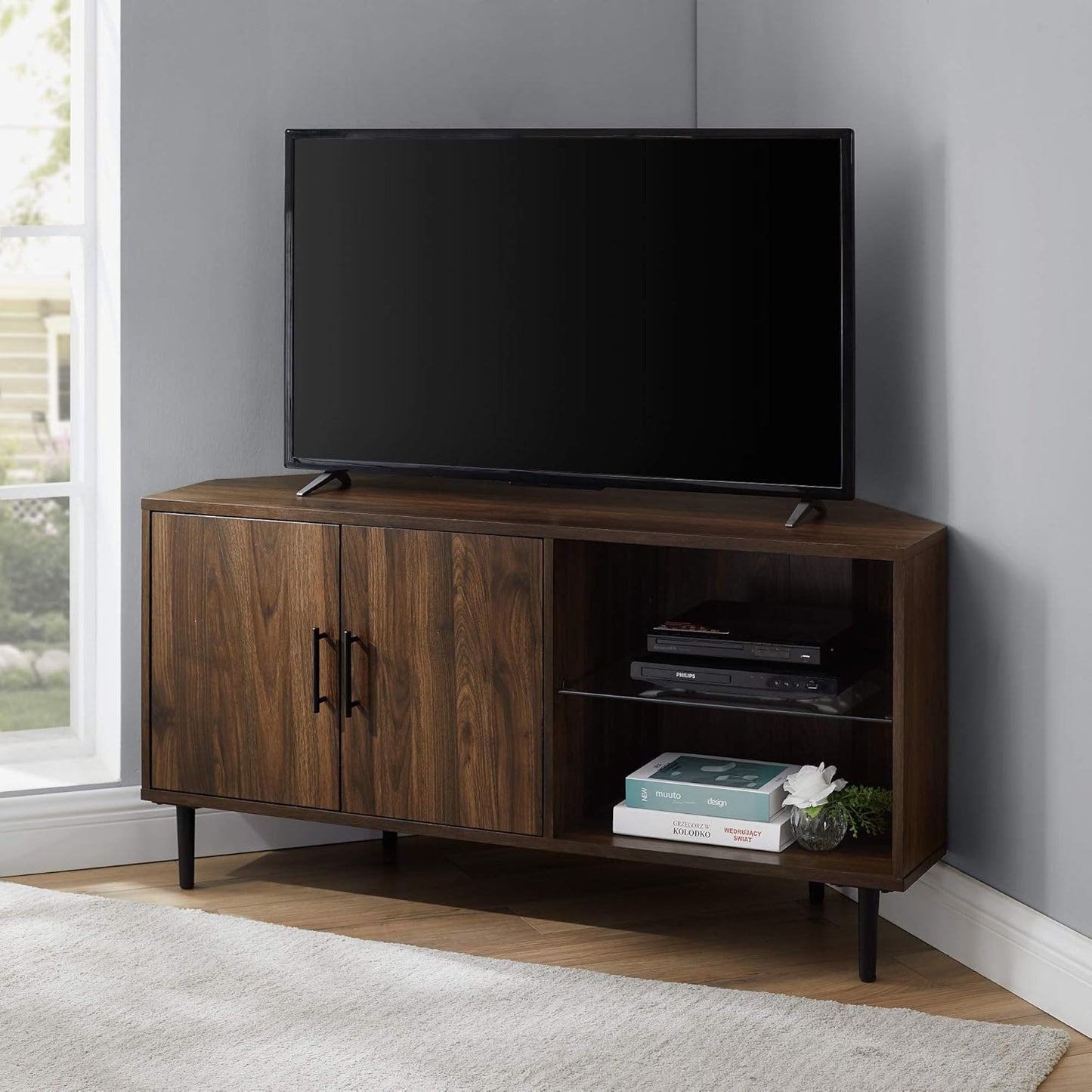 2 Door Glass Shelf Corner Stand Console, Fits Tvs up to 55", 48, Dark Walnut