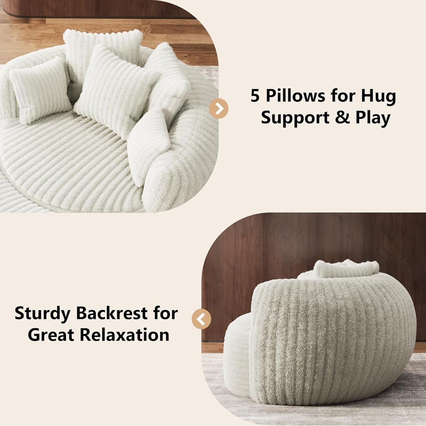 Oversized Chaise Lounge Chair Indoor with Ottoman 50.5" W X 67.0" D round Soft Corduroy Comfy Oversized Reading Chair with 5 Pillows for Living, Reading Room - Beige White