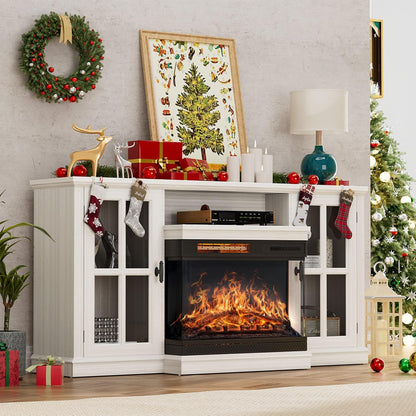 Glass Fireplace TV Stand for Tvs up to 65 Inch, Media Entertainment Center with Storage, White Wash