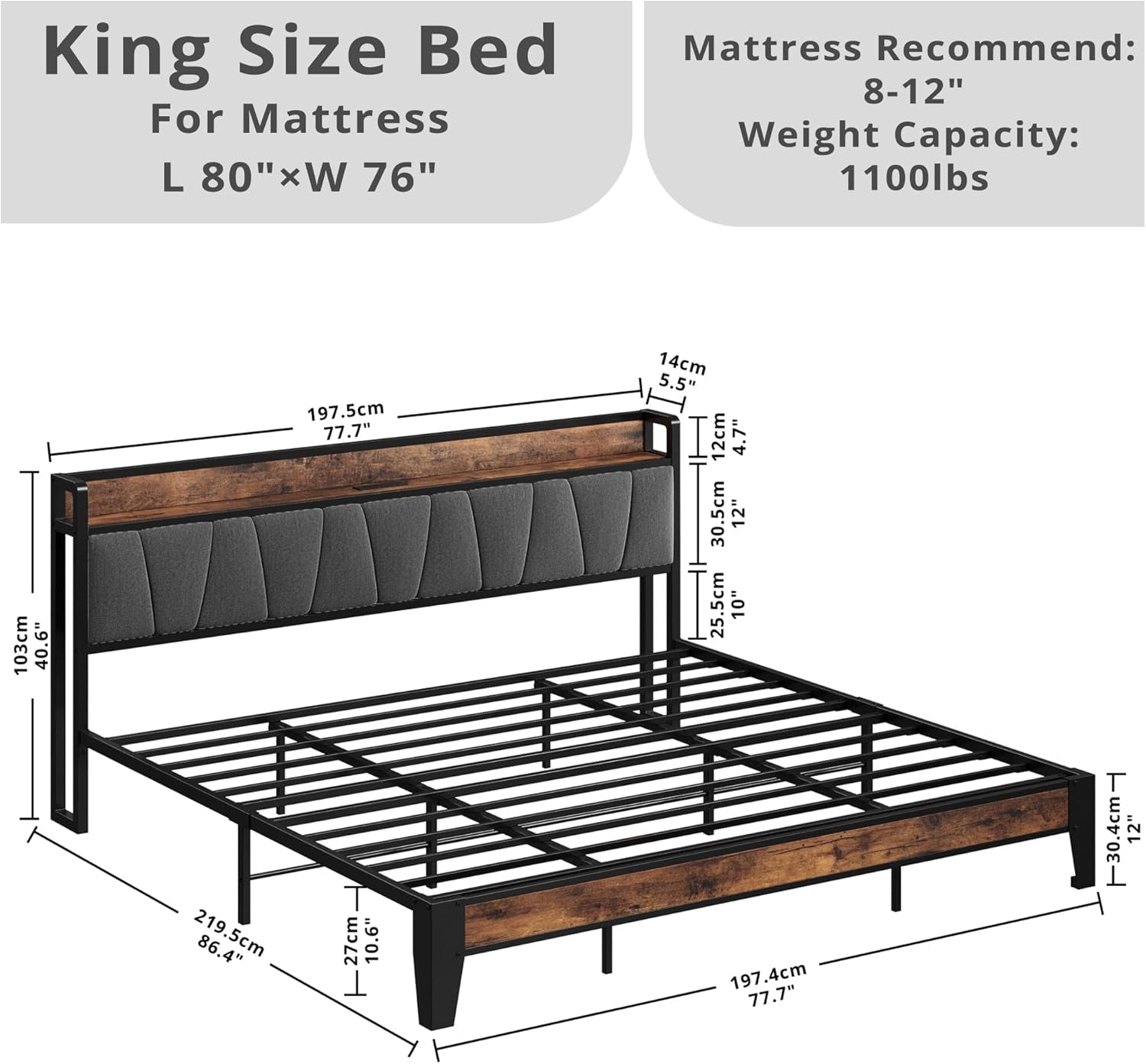 King Size Bed Frame, Storage Headboard with Charging Station, Solid and Stable, Noise Free, No Box Spring Needed, Easy Assembly