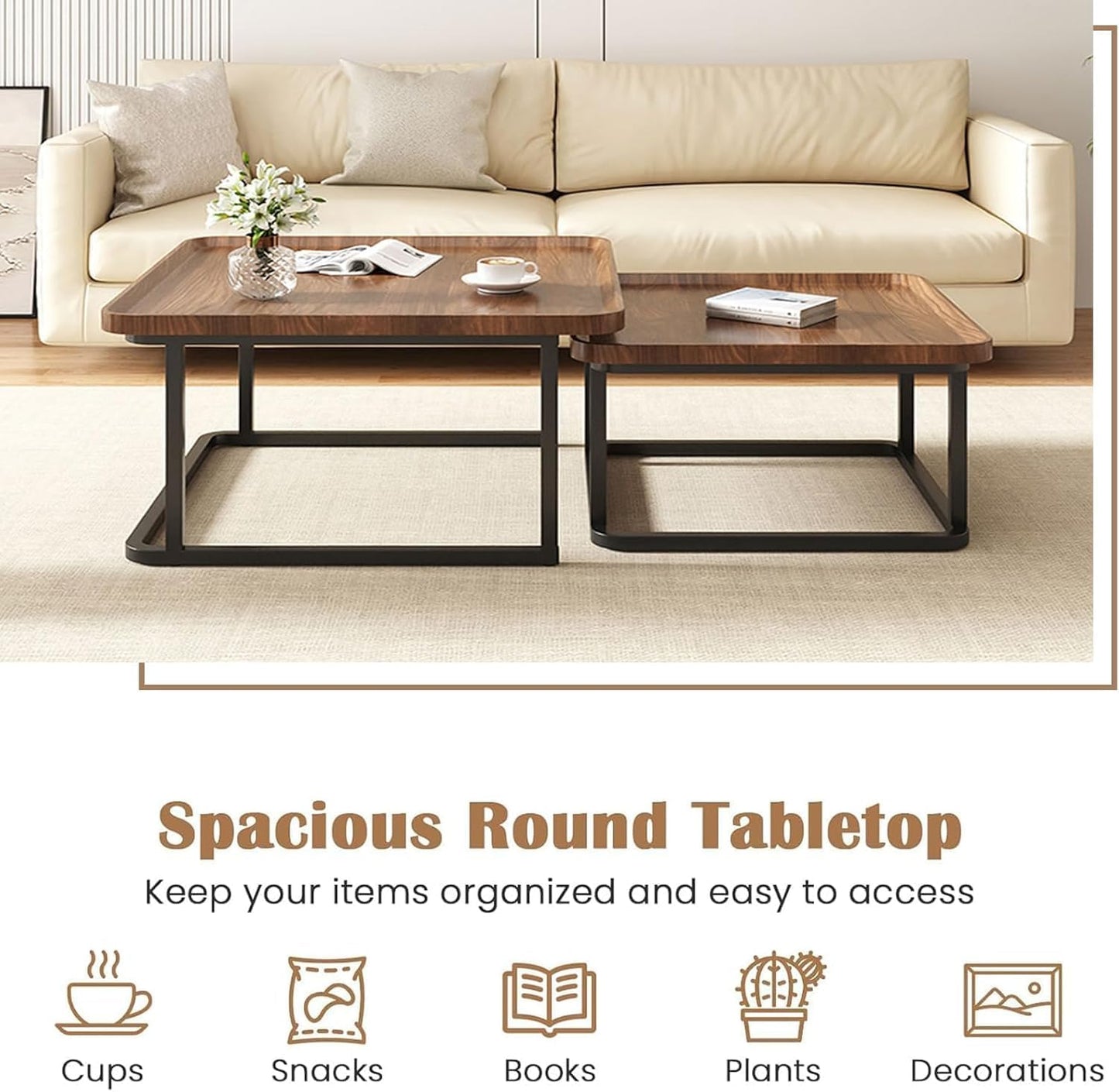 Square Nesting Coffee Table Set of 2, 23.6"+19.7" Nesting Tables,Small Square Coffee Table with Fluted,Center Table for Living Room Bedroom Office Balcony Yard (Walnut)