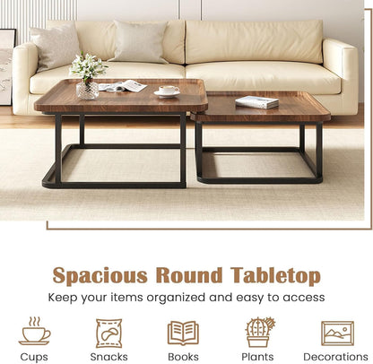 Square Nesting Coffee Table Set of 2, 23.6"+19.7" Nesting Tables,Small Square Coffee Table with Fluted,Center Table for Living Room Bedroom Office Balcony Yard (Walnut)