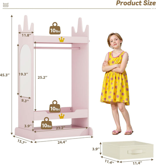 Kids Dress up Storage with Mirror, Kids Open Hanging Armoire & Costume Storage Dresser, Costumes Wardrobe Closet for Bedroom, Nursery, Preschool, Pink