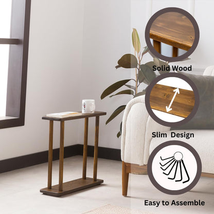 Rectangular Solid Pine Wood Narrow Side Table, Skinny Bedside Table, Small End Table (Dark Walnut, Medium)