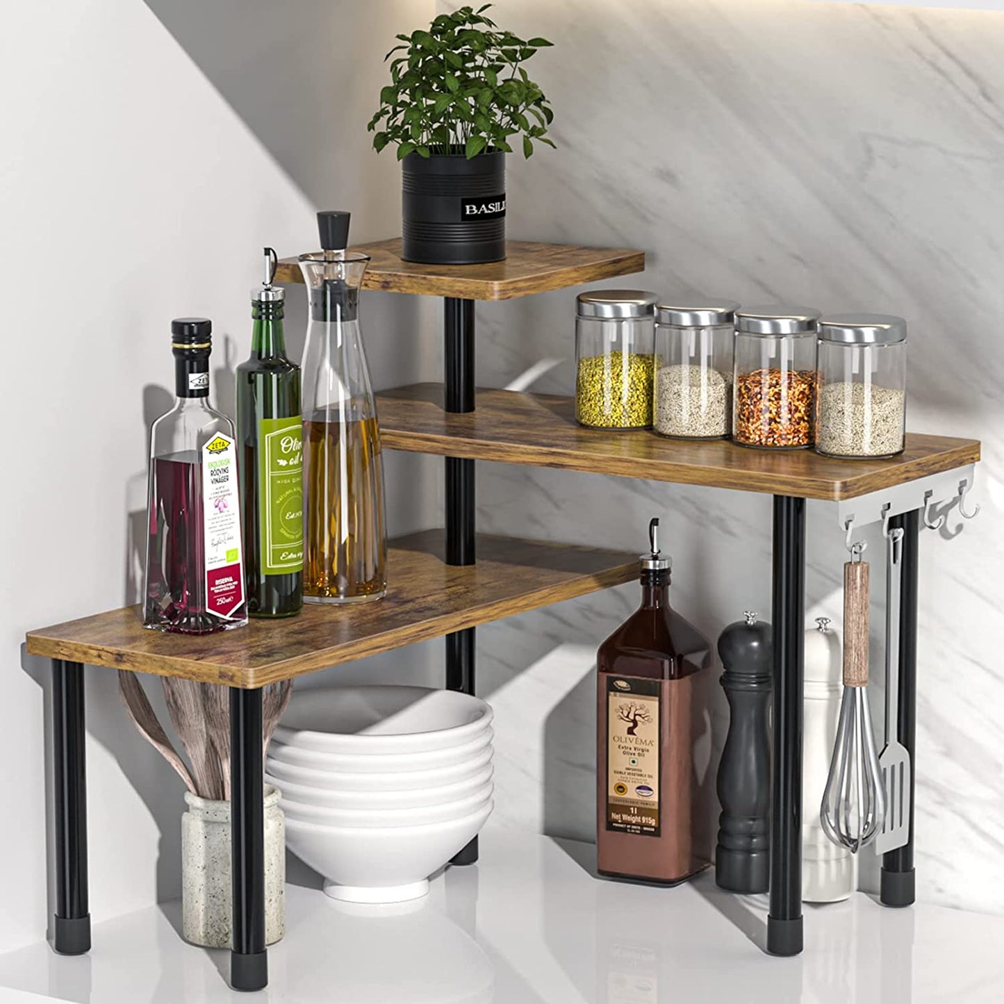 Countertop Organizer Organization, 3 Tier Moveable Corner Shelf Organizer for Kitchen, Bathroom, Spice Rack, Coffee Area, over Sink, Dresser Table (Rustic Brown)