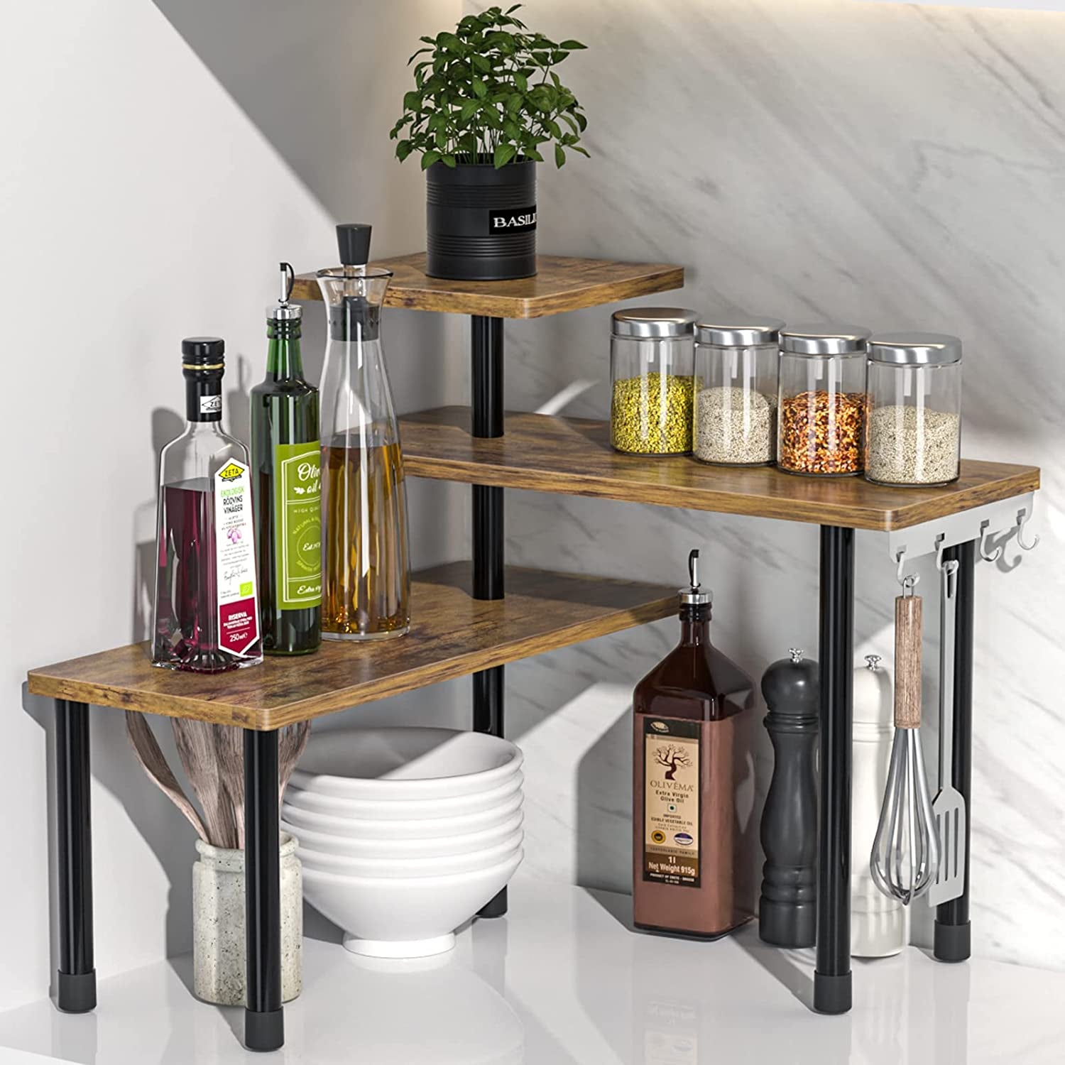 Countertop Organizer Organization, 3 Tier Moveable Corner Shelf Organizer for Kitchen, Bathroom, Spice Rack, Coffee Area, over Sink, Dresser Table (Rustic Brown)