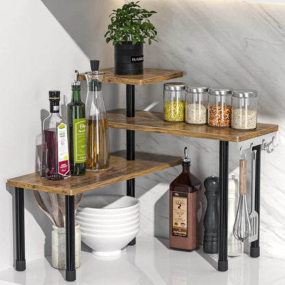 Countertop Organizer Organization, 3 Tier Moveable Corner Shelf Organizer for Kitchen, Bathroom, Spice Rack, Coffee Area, over Sink, Dresser Table (Rustic Brown)