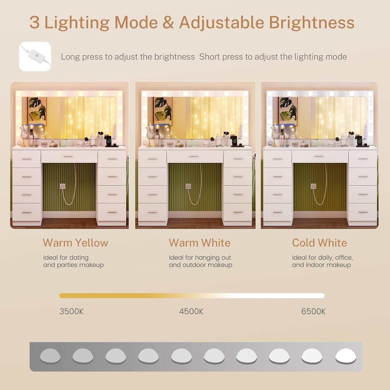 46" Vanity Desk with Glass Top & Lights Mirror, 3 Adjustable Lighting Color, Makeup Vanity with 9 Drawers and 12 LED Lights, Dressing Table for Bedroom, Vanity for Girls, White