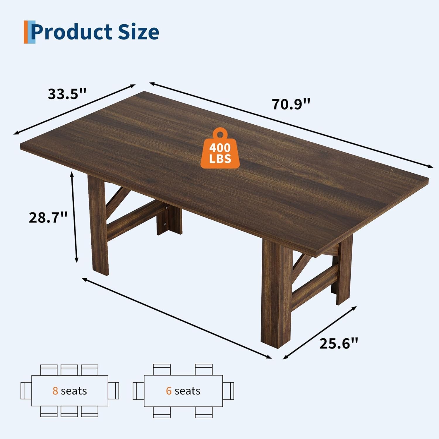 Dining Table for 6-8, 71" Long Large Wooden Farmhouse Kitchen Table with Thick Sturdy Frame, Rectangular Dining Room Dinner Table with Stable Triangular Legs for Kitchen,Office,Rustic Brown